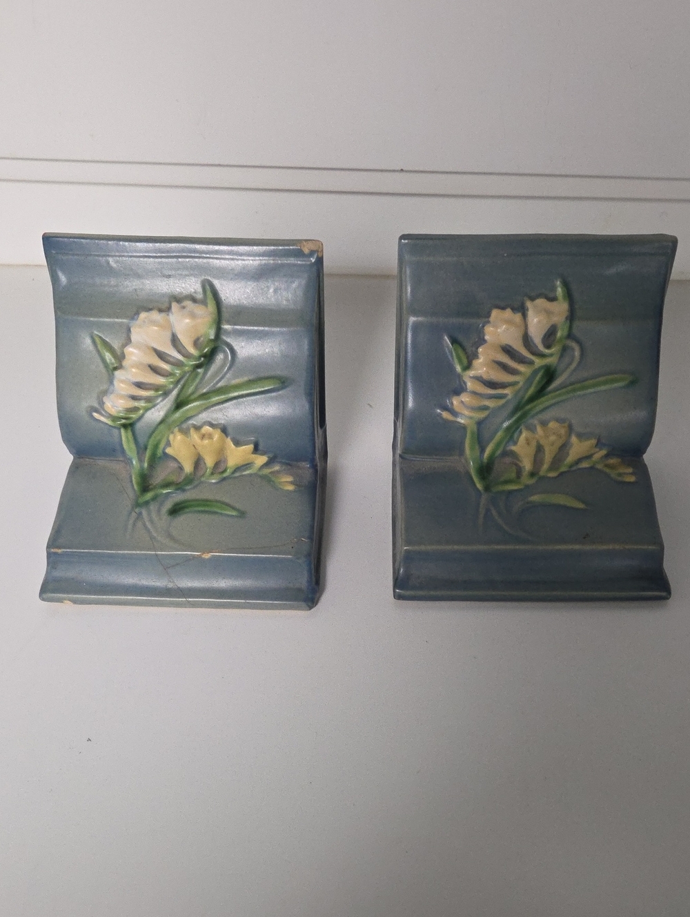 Blue Floral Ceramic Bookends - Pair